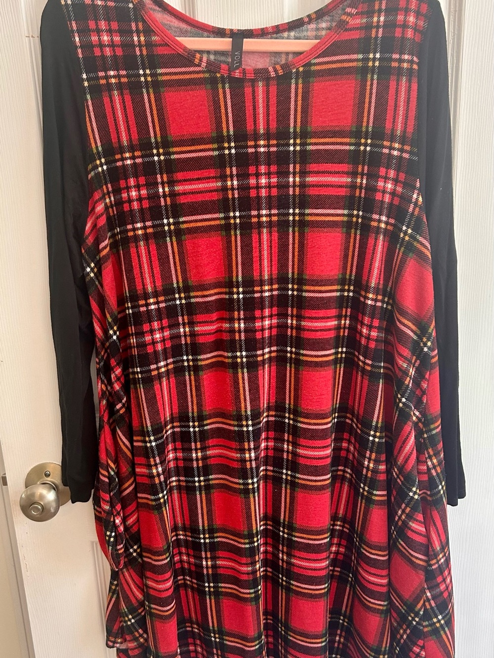 Red Plaid Swing Dress with Black Sleeves